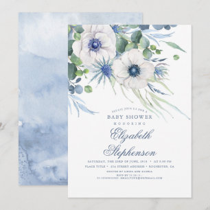 Dusty Blue Floral Greenery Moderne Babydusche Einladung