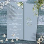 Dusty Blue Floral Greenery Monogram Wedding Dinner Menükarte<br><div class="desc">Dieses elegante dustig blühende botanische Blätter mit blühenden Pflanzen kann mit Ihren Informationen in chic typografie personalisiert werden,  mit Ihren Monogramm Initialen auf der Rückseite. Entwickelt von Thisisnotme©</div>