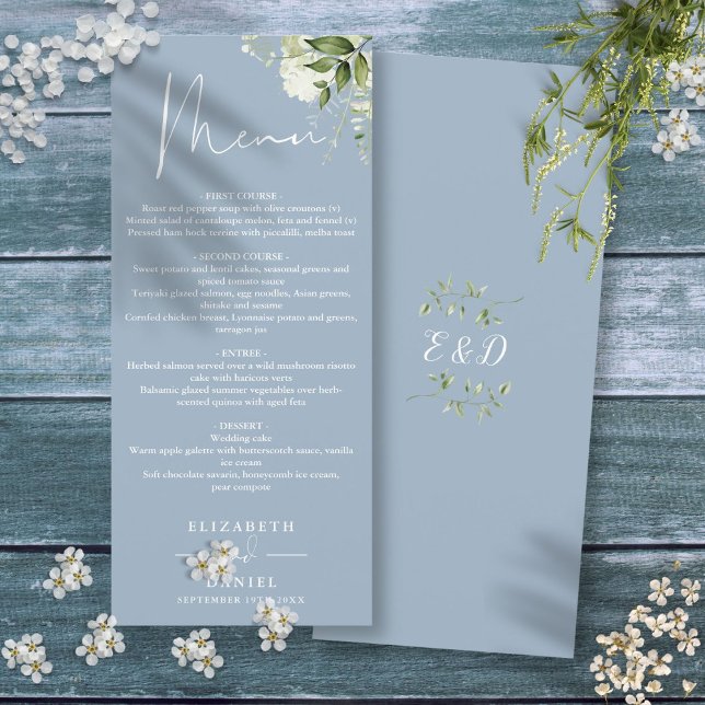 Dusty Blue Floral Greenery Monogram Wedding Dinner Menükarte (Dusty Blue Floral Greenery Monogram Wedding Dinner Menu)