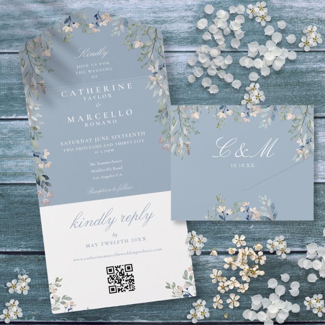 Dusty Blue Floral Greenery QR Code Wedding All In One Einladung (Dusty Blue Floral Greenery QR Code Wedding All In One Invitation)