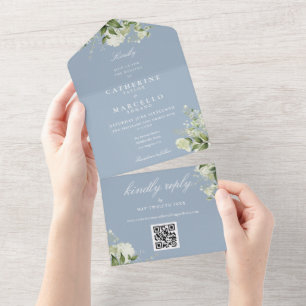 Dusty Blue Floral Greenery QR Code Wedding All In One Einladung