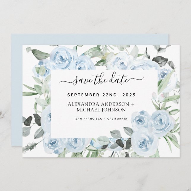 Dusty Blue Floral Greenery Save the Date Einladung (Vorne/Hinten)