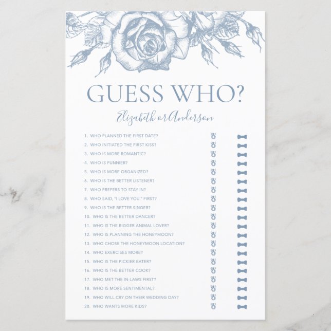 Dusty Blue Floral Guess Who Brautparty Game (Vorderseite)
