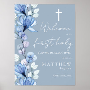 Dusty Blue Floral Heilige Kommunion Begrüßungszeic Poster