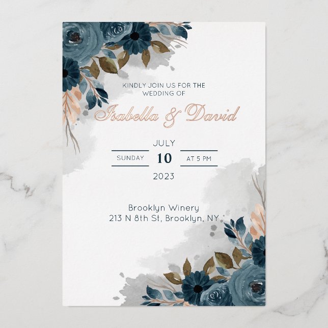 Dusty Blue Floral I Foil Wedding Einladung (Vorderseite)