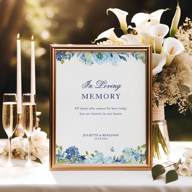 Dusty Blue Floral in Love Memory Wedding Sign Poster (Dusty blue, floral In Loving Memory wedding memorial sign)