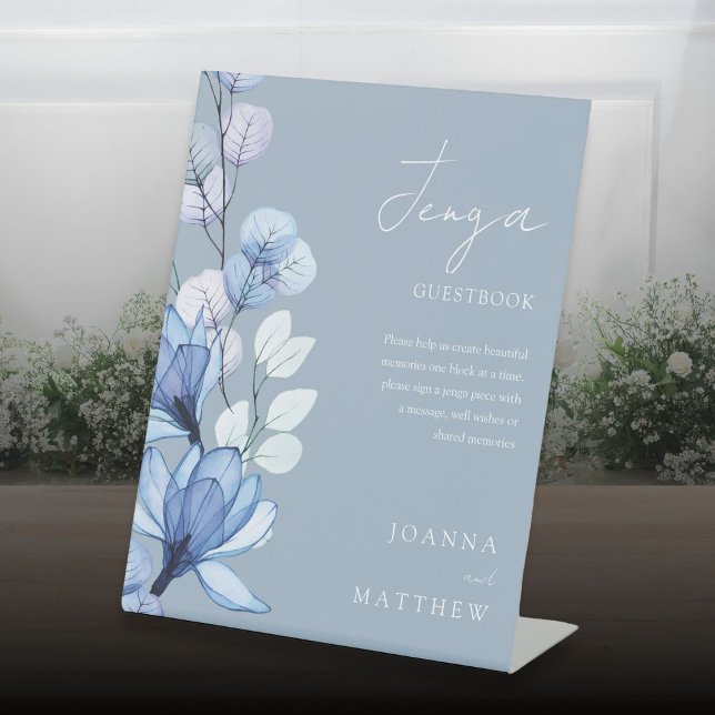 Dusty Blue Floral Jenga Wedding Gäestbook Sockelschild (Dusty Blue Floral Jenga Wedding Guestbook Pedestal Sign)