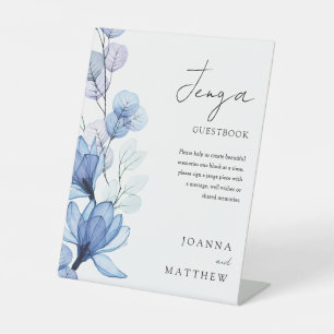 Dusty Blue Floral Jenga Wedding Gäestbook Sockelschild