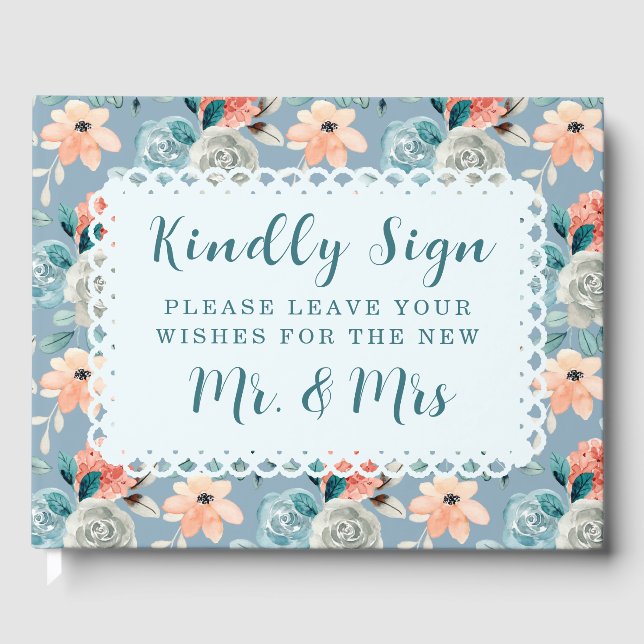 Dusty Blue Floral Lace | Dekorative Kalligraphie Gästebuch (Vorderseite)