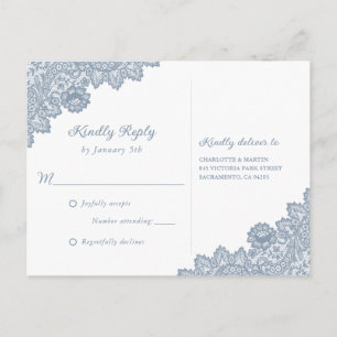 Dusty Blue Floral Lace Rustic Wedding RSVP Einladungspostkarte