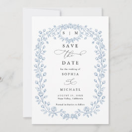 Dusty Blue Floral Line Art Save The Date Invite