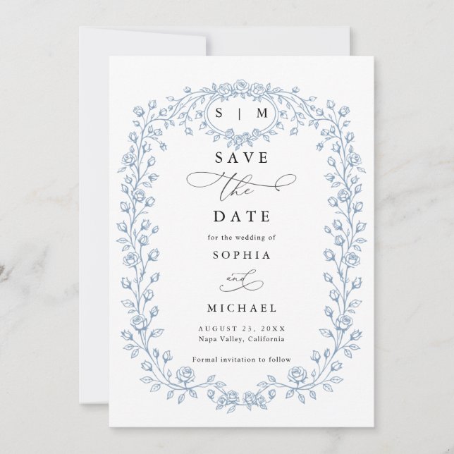 Dusty Blue Floral Line Art Save The Date Invite (Vorderseite)
