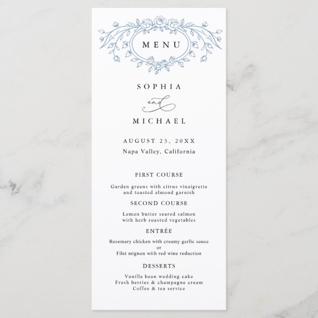Dusty Blue Floral Line Art Wedding Flat Menükarte (Vorderseite)