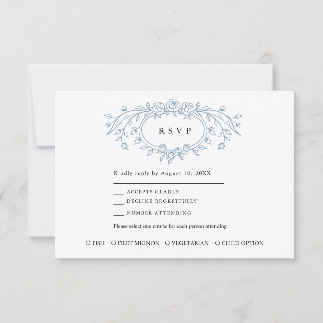 Dusty Blue Floral Line Art Wedding  RSVP Karte (Vorderseite)