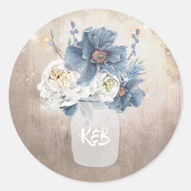 Dusty Blue Floral Mason Jar Rustic Country Wedding Runder Aufkleber (Vorderseite)