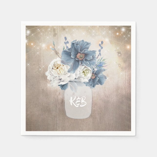 Dusty Blue Floral Mason Jar Rustikales Land Serviette (Vorderseite)