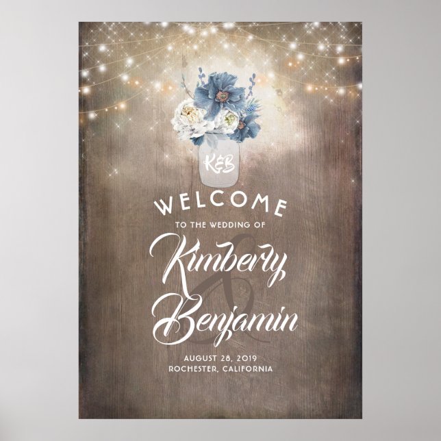 Dusty Blue Floral Mason Jar Wedding Begrüßungszeic Poster (Vorne)