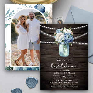 Dusty Blue Floral Mason Jar Wood Brautparty Einladung