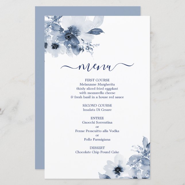 Dusty Blue Floral Menu Card (Vorne/Hinten)