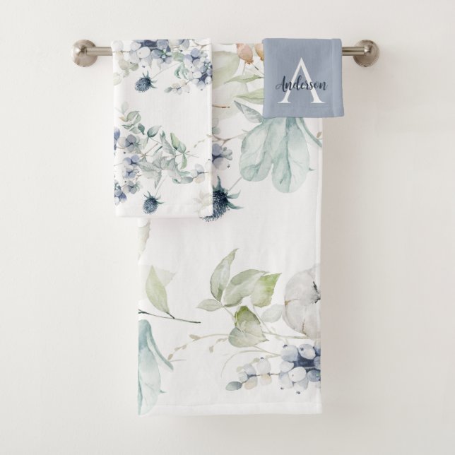Dusty Blue Floral Mit Monogramm Handtuch Set (Insitu)