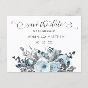 Dusty Blue Floral, Modern Script, Save the Date Ankündigungspostkarte
