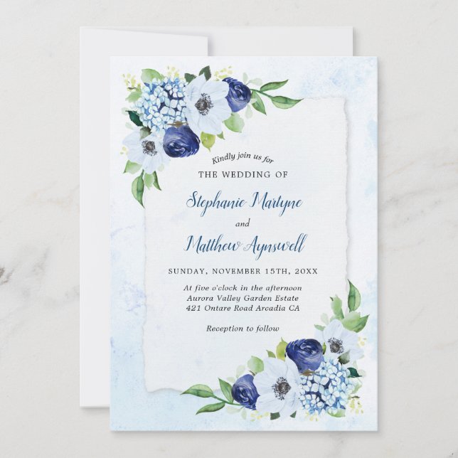 Dusty Blue Floral Moderne botanische Hochzeit Einladung (Vorderseite)