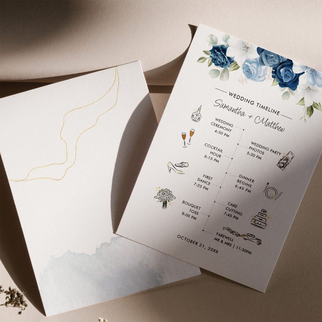 Dusty Blue Floral Modernes Hochzeitsprogramm Briefpapier (Wedding Timeline Program Dusty Blue Front and Back View)