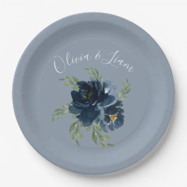 Dusty Blue Floral Modernes Skript Eleganter Name Pappteller