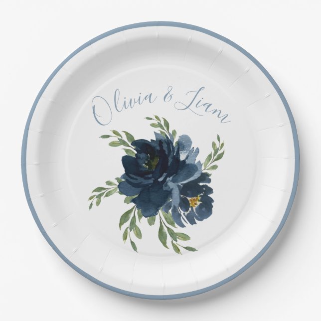 Dusty Blue Floral Modernes Skript Eleganter Name Pappteller (Vorderseite)