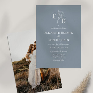 Dusty Blue Floral Monogram Custom Foto Wedding Einladung