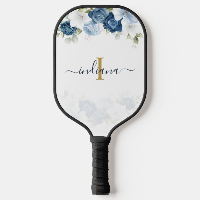 Dusty Blue Floral Monogram Script Greenery Pickleball Schläger (Vorderseite)