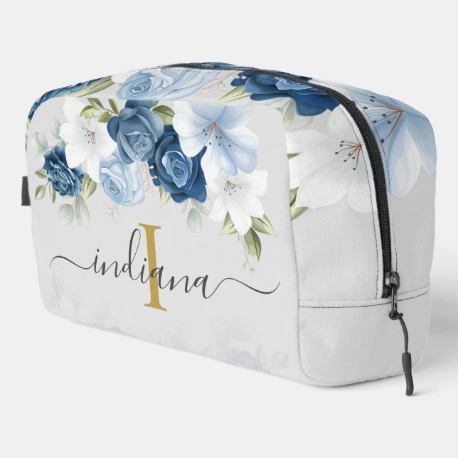 Dusty Blue Floral Monogram Script Watercolor Waschbeutel (Rechte Ecke)