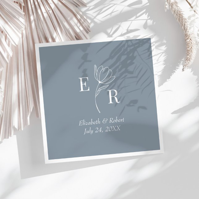 Dusty Blue Floral Monogram Wedding Serviette (Dusty Blue Floral Monogram Wedding Napkins on a sunny white table.)
