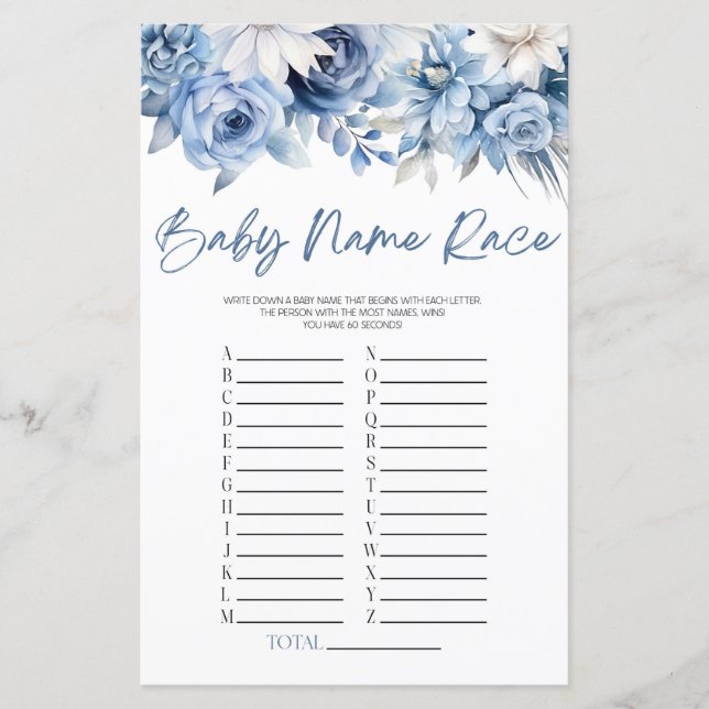 Dusty Blue Floral Name Race Baby Showspiel (Vorderseite)