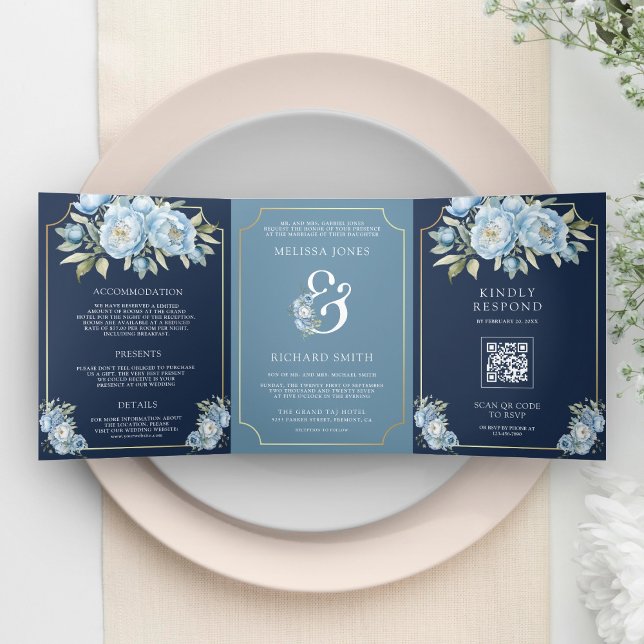 Dusty Blue Floral Navy QR Code Alles in einer Hoch Dreifach Gefaltete Einladung (Von Creator hochgeladen)