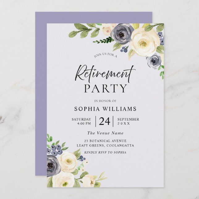 Dusty Blue Floral Navy Watercolor Retirement Party Einladung (Vorne/Hinten)