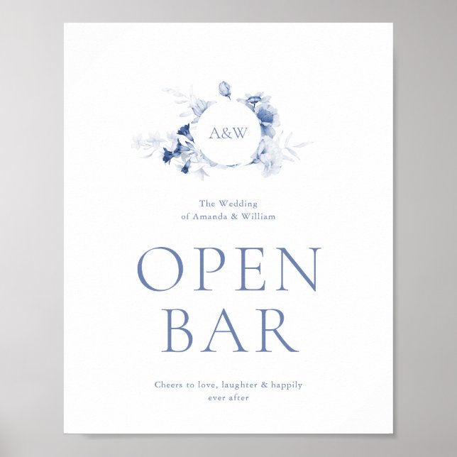 Dusty Blue Floral Open Bar Wedding Sign Poster (Vorne)