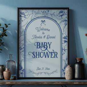 Dusty Blue Floral Ornament Classic Baby Dusche Poster