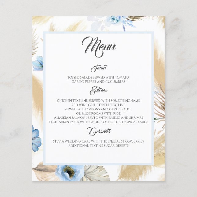 Dusty Blue Floral Pampas Grass Wedding Menu Flyer (Vorne)