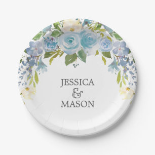 Dusty Blue Floral Paper Plate Pappteller