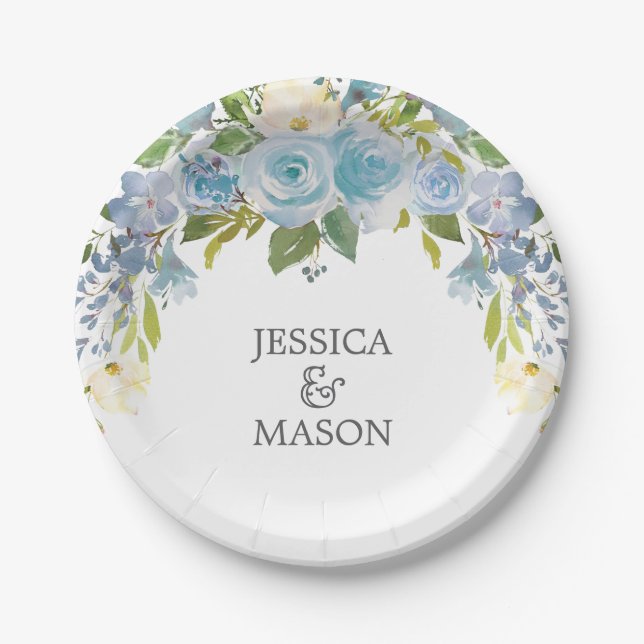 Dusty Blue Floral Paper Plate Pappteller (Vorderseite)
