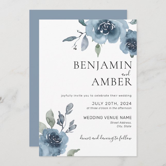 Dusty Blue Floral Pastel Boho Minimalistisch Weddi Einladung (Vorne/Hinten)