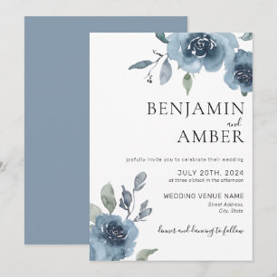 Dusty Blue Floral Pastel Boho Minimalistisch Weddi Einladung