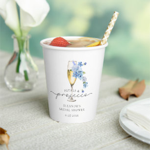 Dusty Blue Floral Petals & Prosecco Brautparty Pappbecher