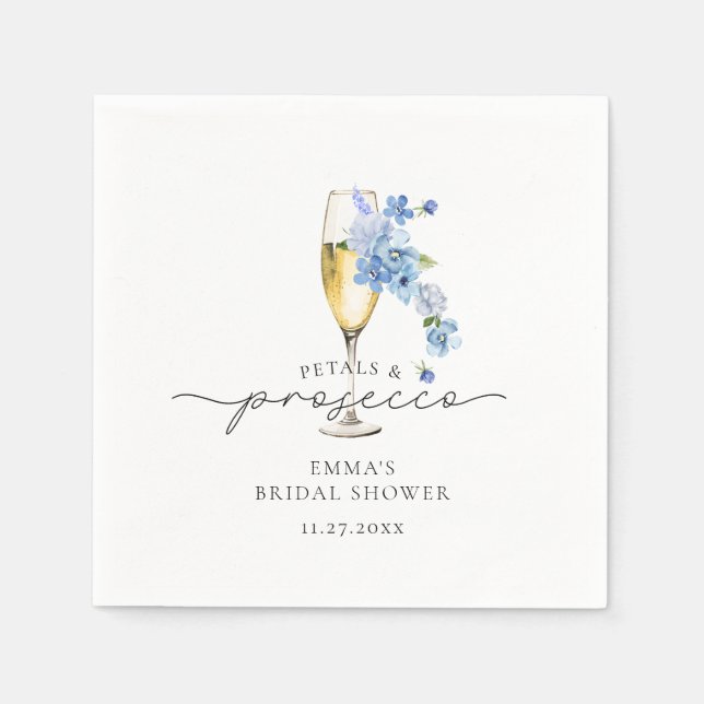 Dusty Blue Floral Petals & Prosecco Brautparty Serviette (Vorderseite)