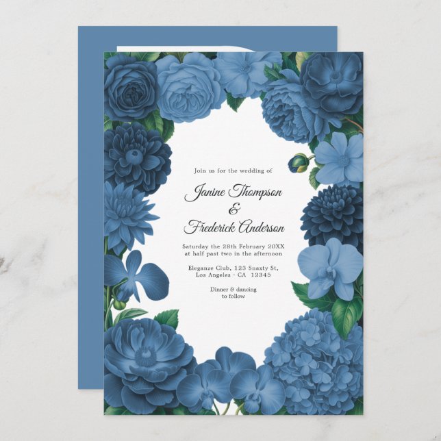 Dusty Blue Floral Photo and QR Code Wedding Einladung (Vorne/Hinten)