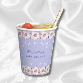 Dusty Blue Floral Pink Butterfly Babydusche Pappbecher