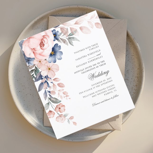 Dusty Blue Floral Pink Watercolor Wedite (Watercolor Floral Pink Script Budget Wedding Invitation)