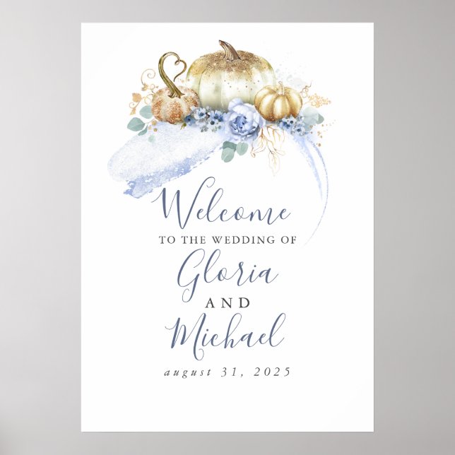 Dusty Blue Floral Pumpkins Hochzeit im Herbst Will Poster (Vorne)