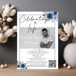 Dusty Blue Floral QR Code Memorial Foto Beerdigung Einladung